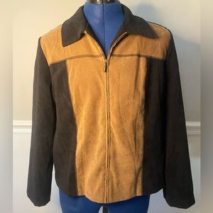 Vintage Briggs Petite Micro Suede Color Block Brown & Black Zip Front Jacket